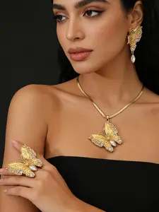 Luxury Butterfly Three-Piece Jewelry Set, Snake Chain Necklace Earrings Ring, Wedding Party High-End Accessories