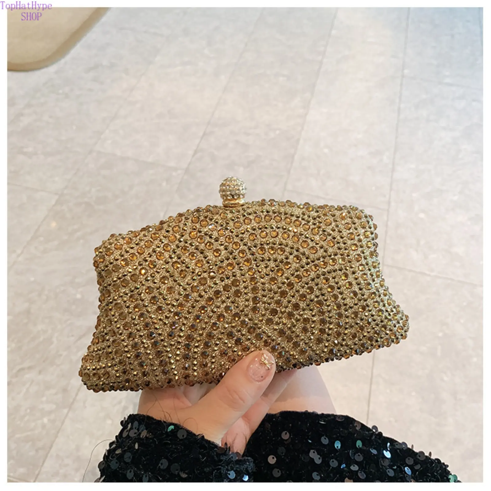 Women's Elegant Rhinestone Box Clutch, Crystal Hard Shell Crossbody Purse with Shiny Finish & Chain Strap for Wedding, Prom, Party, Bling, Crystal Stones, Evening, Formal, Shoulder Clutch, Metallic