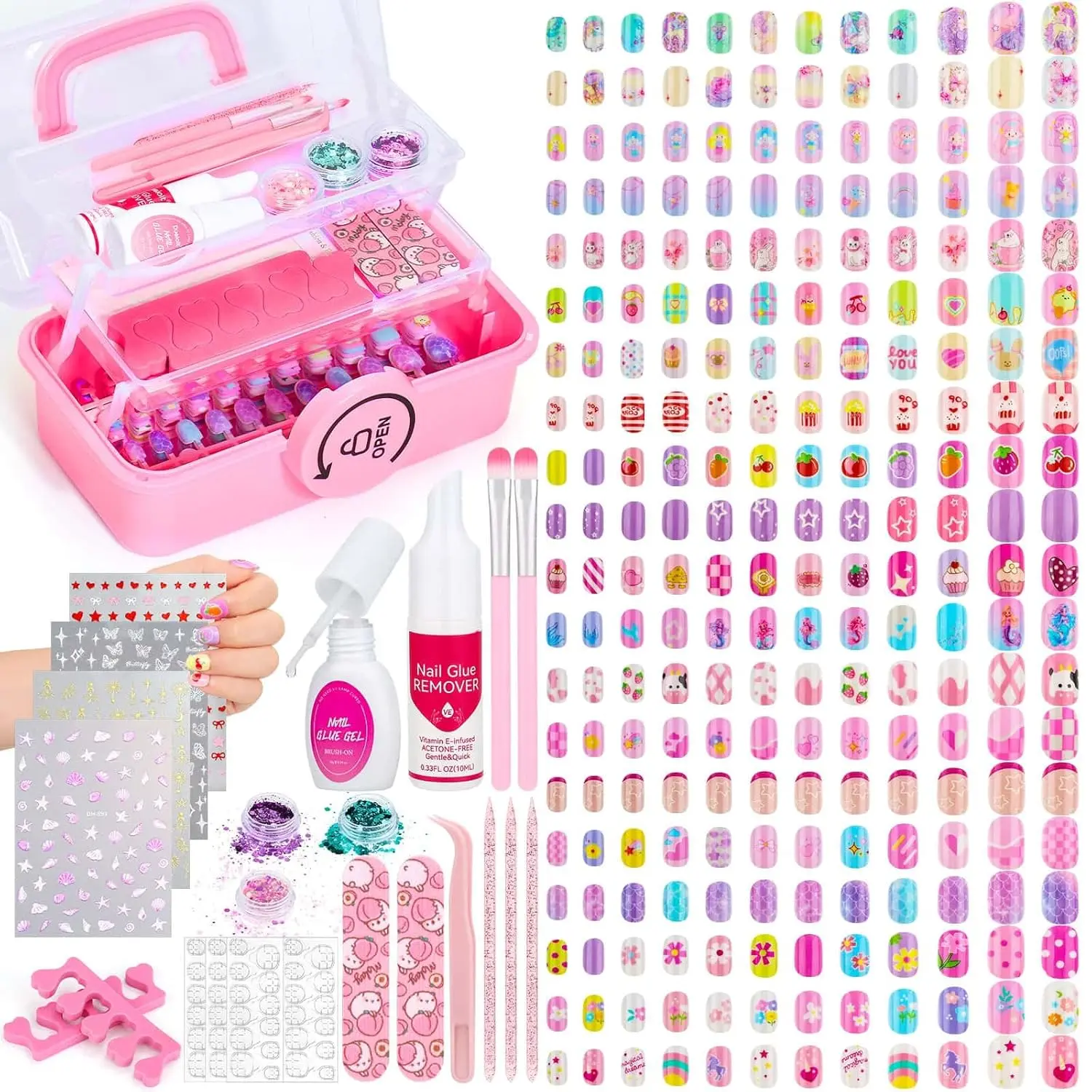Halloween Fall Gift 480 Pcs Kids Nails and Glue, Girls Press ons Nail Art Kit with Storage Case, Fake Nails Adhesive, Remover, Stickers, Glitter Cute Stuff Gift for Girls 8-12