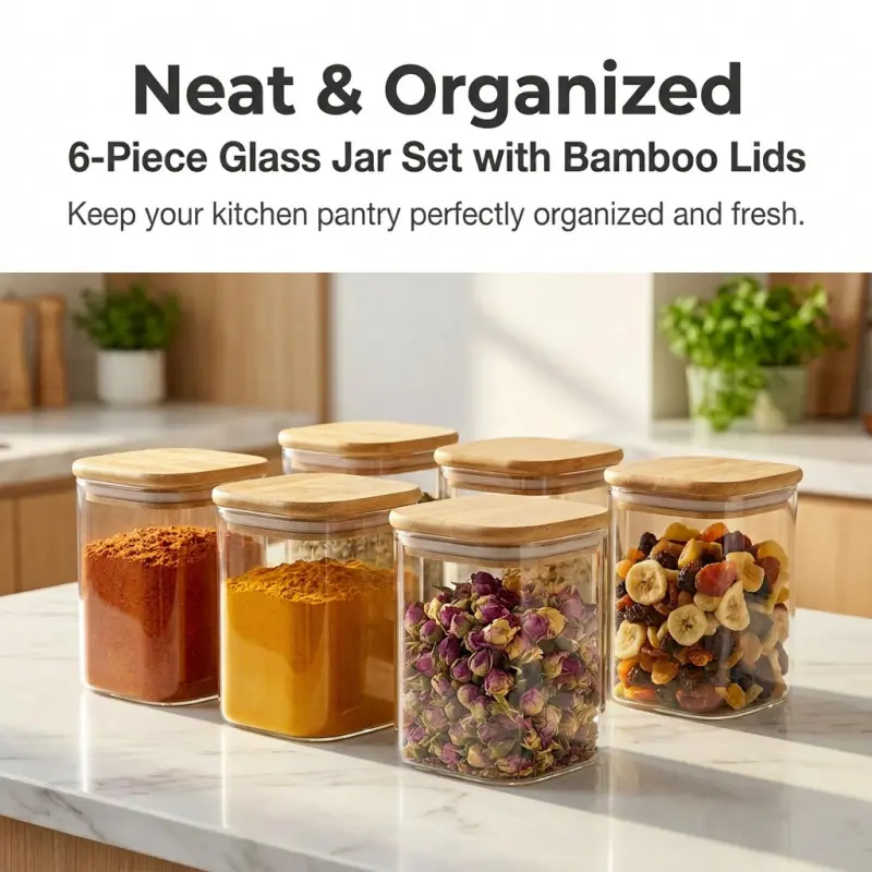 6-piece square glass storage jars with bamboo lids and labels. Airtight design, perfect for storing spices, tea, snacks and dry goods, ideal for kitchen pantry organization.