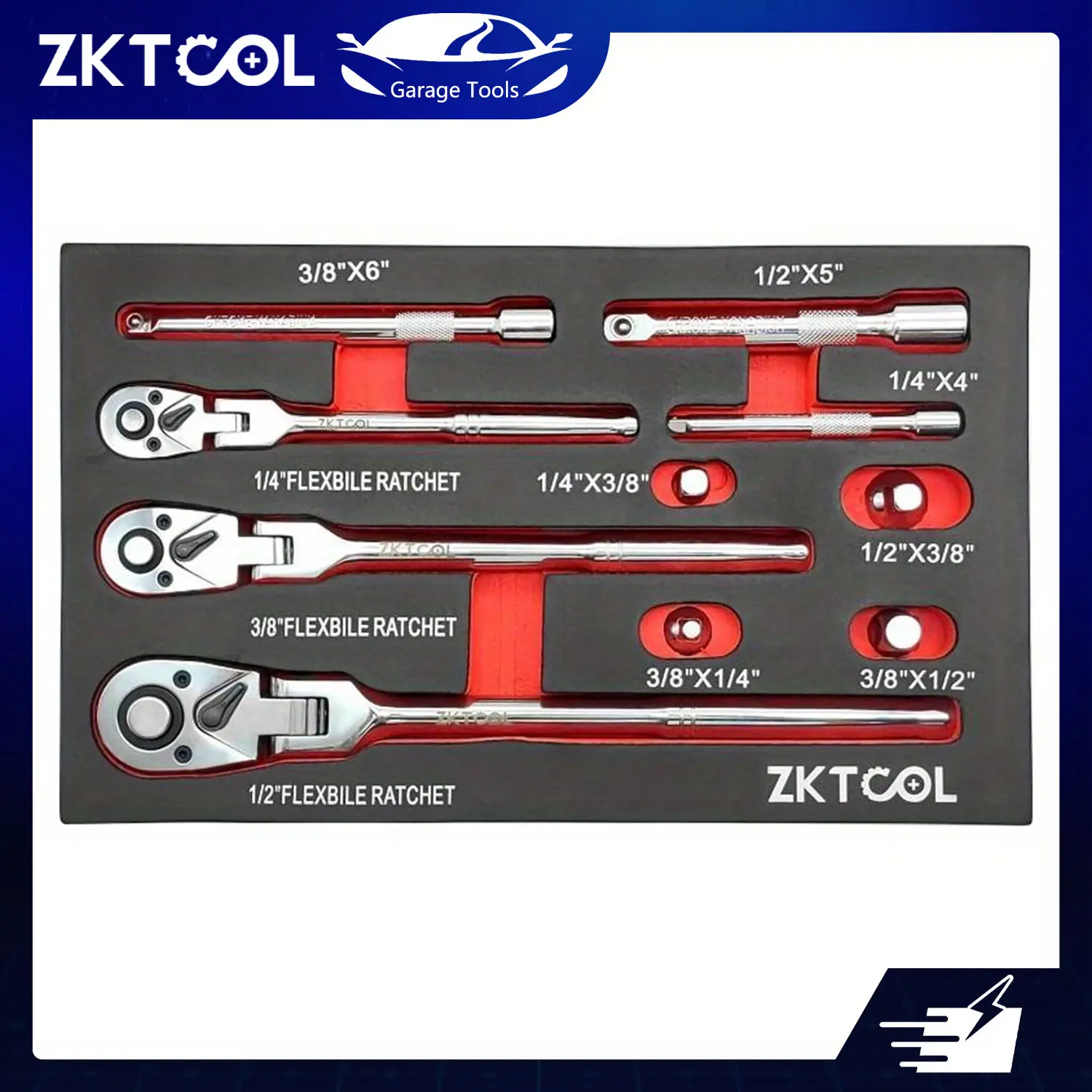 10PC Flex Head Ratcheting Wrench Set, 1/4"-3/8"-1/2" Drive Bidirectional Swivel Head Tool with Extension Bar, for Auto/Motorcycle Car Repair, Ratcheting Wrench Tool, Car Repair Tools, 72‑Tooth Smooth