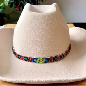 Loomed Seed Bead Blue Diamond Pattern Hatband with a Checkered Light Brown Background