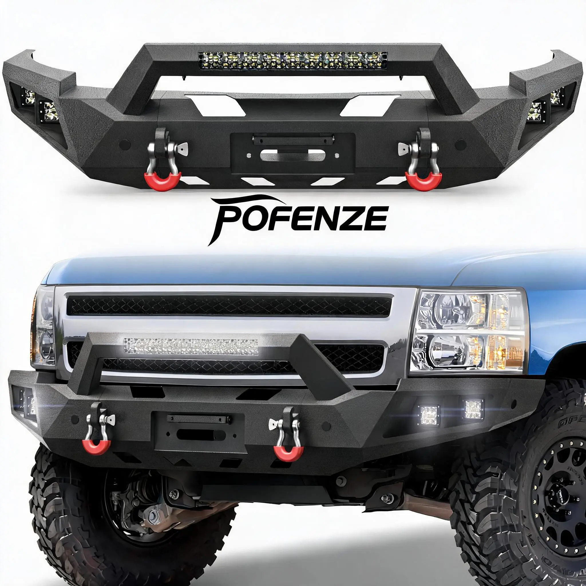 POFENZE-Mestan Steel Front Bumper Replacement Part for 2007-2013 Chevy Silverado 1500, W/Winch Plate, LED Lights, D-Ring Mounts, License Bracket, Steel Bumper