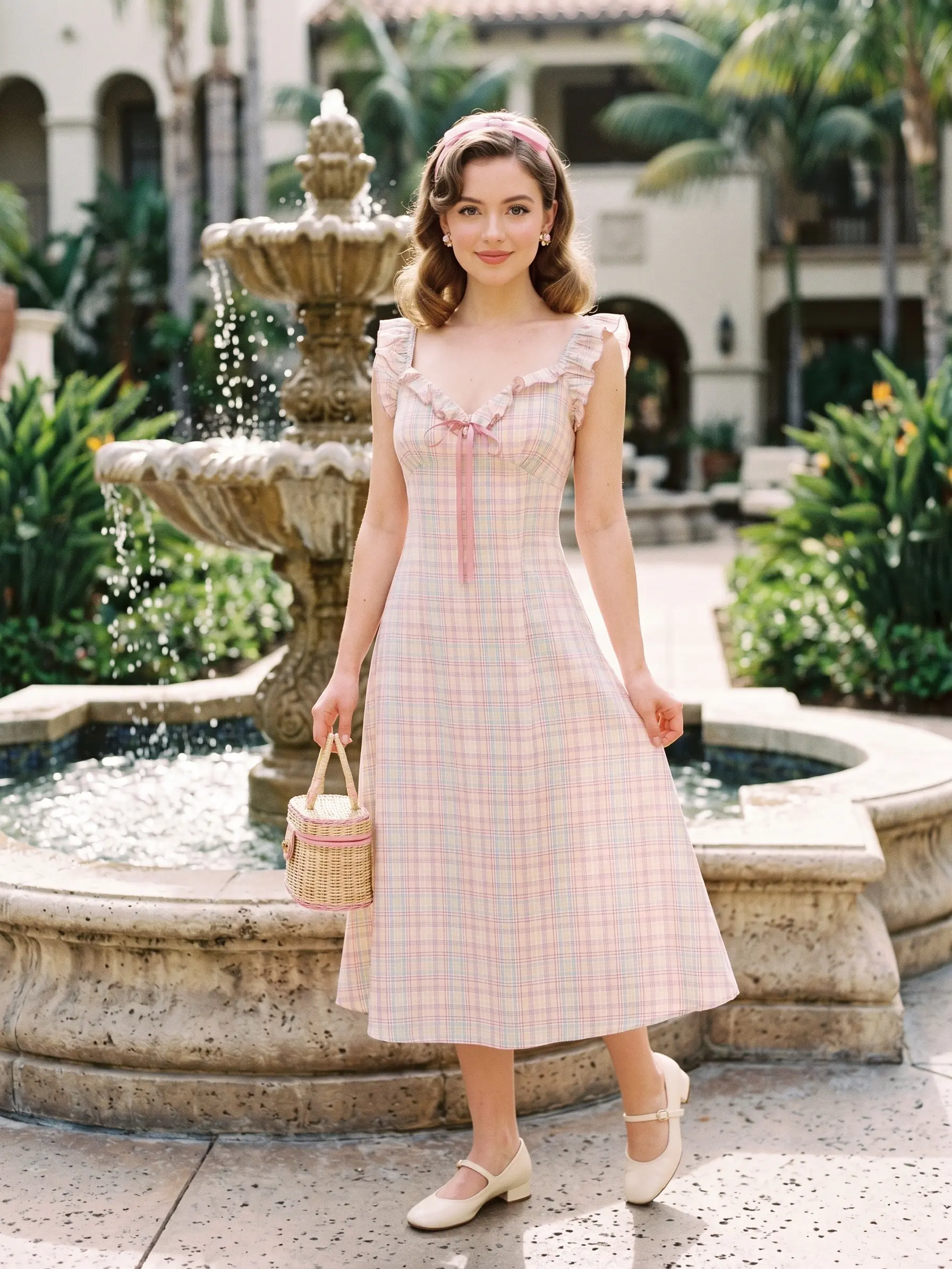 RETRO STAGE Women's 1950s Heritage-Inspired Pastel Checkered Bow-Front Ruffled Sweetheart Neck Swing Dress, Bow-Front/Checkered/Heritage-Inspired Casual Dresses, Bow-Front Casual Dressessummer dresses vacation outfits BackToSchool