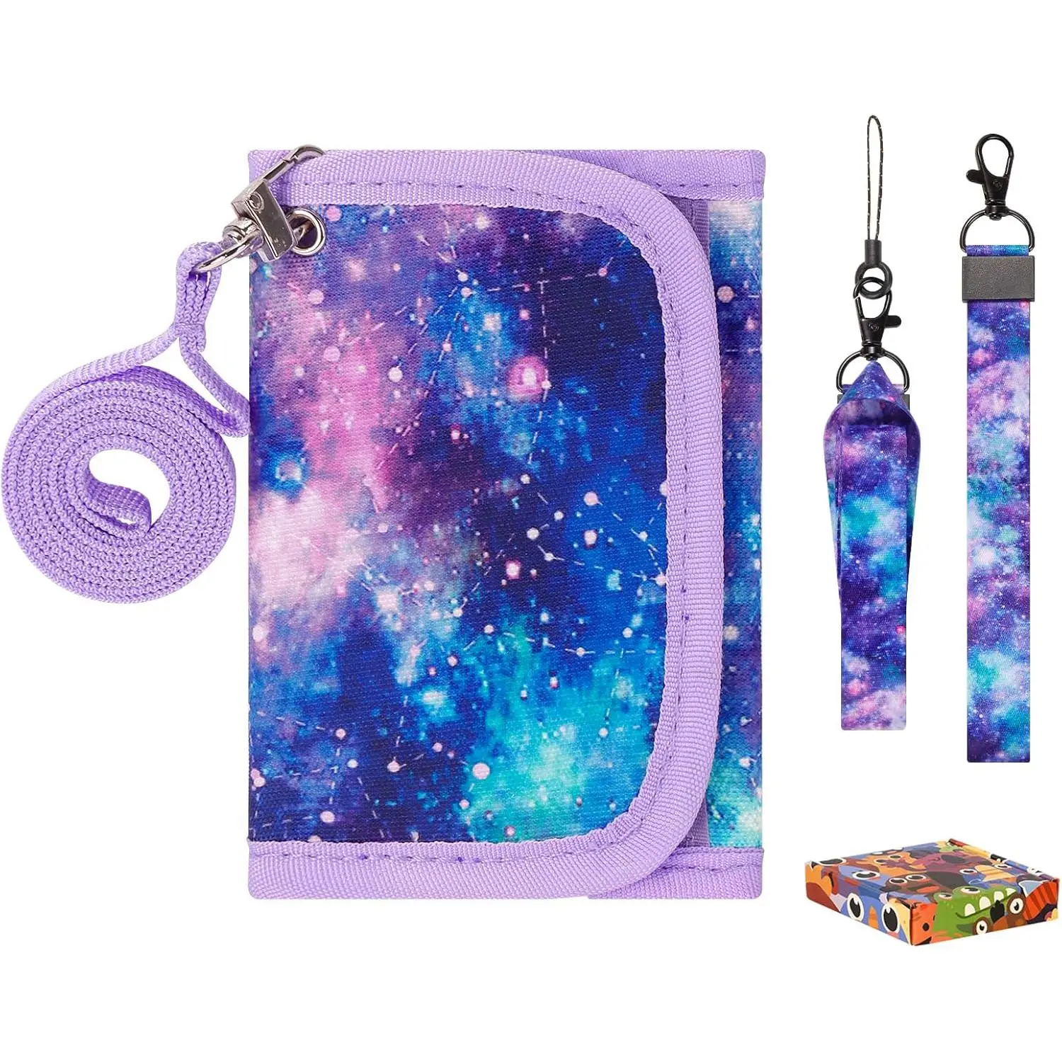 P-KWL05    Kids Wallets for Girls Ages 5-7 6-8 9-12, Little Girls Wallets with Lanyard Gift Box Galaxy Wallet, Green-Purple