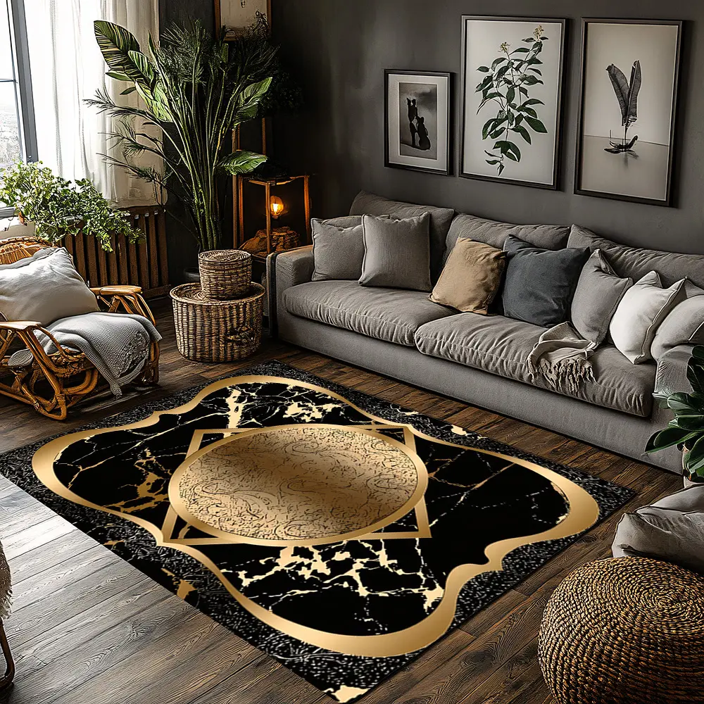 Luxury Black Gold Marble Floral Frame Crystal Velvet Area Rug Non‑Slip Elegant Living Room Rug Decorative Rugs#LuxuryMarbleRug #GoldFrameRug #ElegantHomeDecor #BlackGoldCarpet #CrystalVelvetRug
