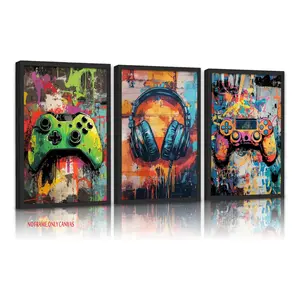 3-piece set of cool gaming-themed wall art, Unframed Wall Art, featuring a retro video game player watercolor graffiti poster and a vibrant neon controller canvas print. Perfect for decorating boys' rooms, game rooms, and teen bedrooms. Frameless.