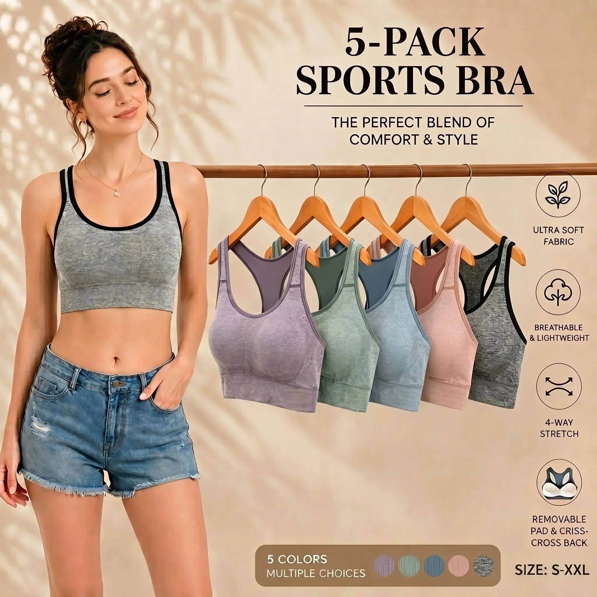 【5 Pack】Seamless Sports Bras for Women Wireless Padded Bra No Underwire with Removable Pads Racerback Workout Yoga Bra Soft Stretch Comfortable Everyday Lounge Sleep Bras Breathable Low Impact Athletic Crop Tank Top for Gym Fitness Running S-XXL