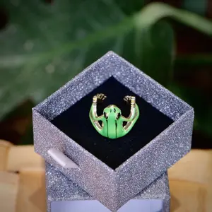 Unisex Whimsical Tree Frog 2-Piece Costume Jewelry Set - Blue Green Animal Motif Adjustable Open Ring & Clip Earrings, Harmony and Balance Standout Piece, Everyday Wear Daily Accessory, Gift for Frog Enthusiasts Vibrant Colors