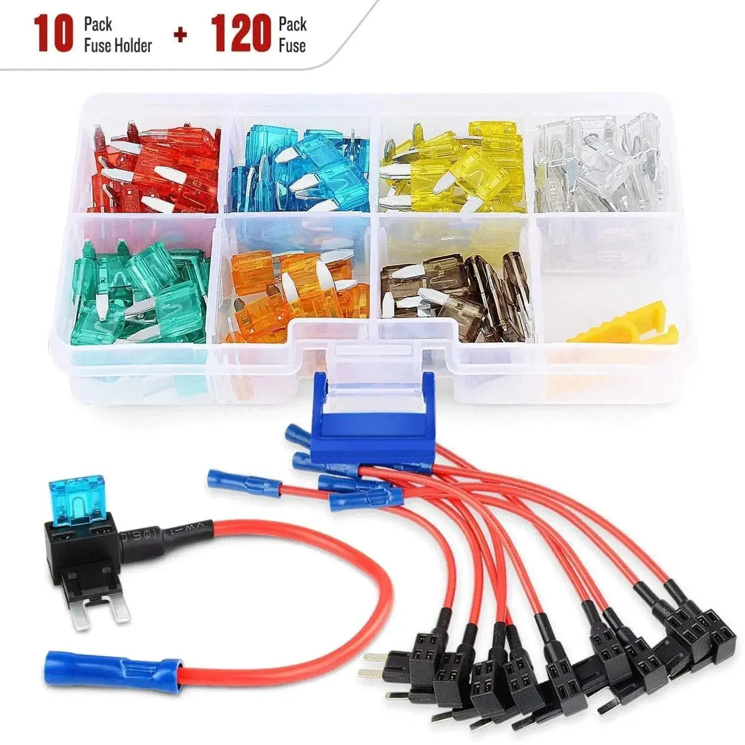 Nilight Wiring Connector Kit - 120Pcs Mini Blade Fuses, 10Pcs Add-A-Circuit Fuse Holders with 15cm 16-Gauge Red Wire Lead, Nylon Plastic Low-Profile Solderless Crimp Connectors, Universal Trailer Components, American Cars, Japanese Cars, 10Pcs Fuse Tap+12