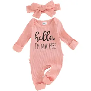 Z-CPA37  Im New Here Newborn Outfit Girl Long Sleeve Letter Romper Ribbed Knit Jumpsuit Baby Girl Preemie Coming Home Outfit