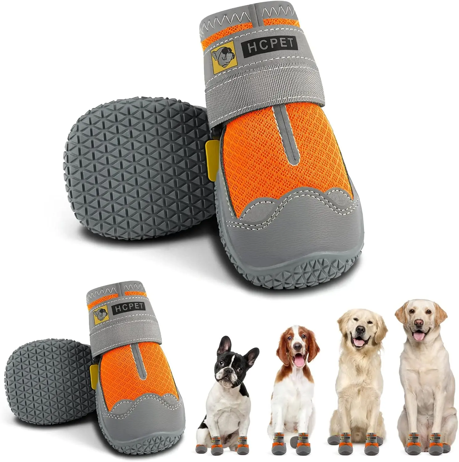 Hcpet Dog Shoes for Large Dogs, Breathable Dog Booties for Small Medium Dogs, Anti-Slip Dog Boots & Paw Protectors for Hot Pavement Winter Snow Hiking with Reflective Straps Orange Wag Wear Waterproof Non-Slip Dog Rain Boots christmas gifts