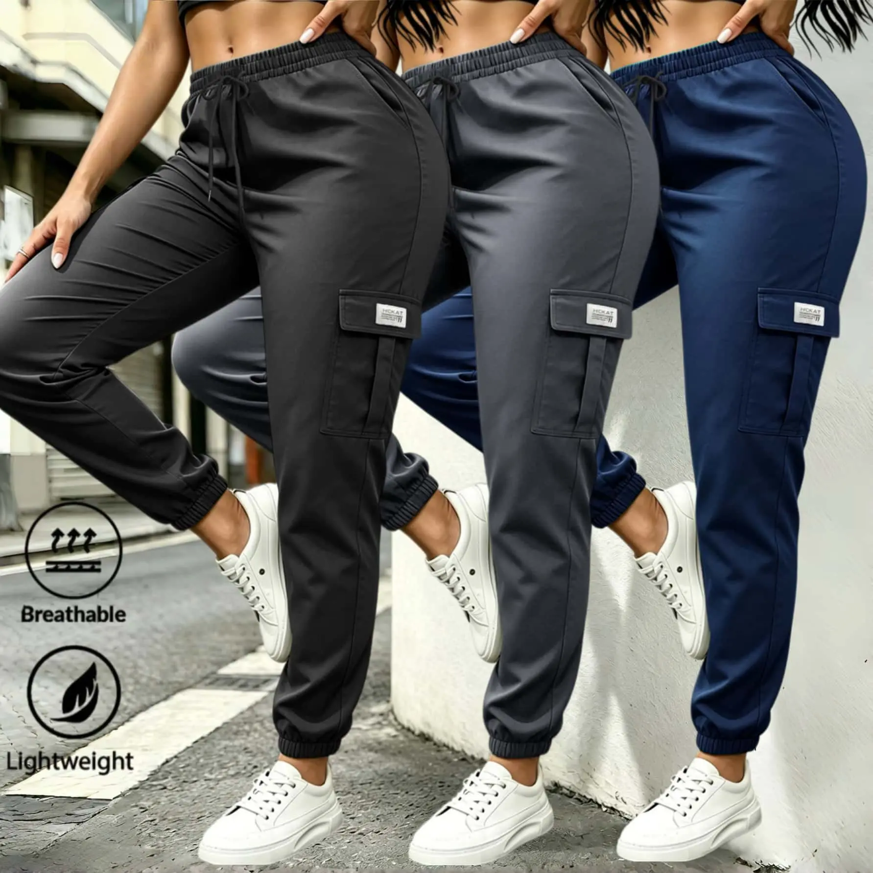 Women Lightweight Breathable Cargo Jogger Pants Elastic Waist Drawstring Casual Workout Travel Pocket Sweatpants High Waist Drawstring Elastic Waistband Jogging Trousers, Multi Pocket Quick Dry Breathable Parachute Pants.
