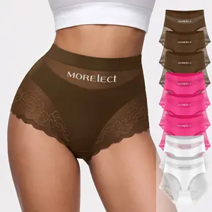 MORELECT 5/6/8 Pcs Women's High Waist Everyday Panties, Sheer Mesh Lightweight Breathable, Soft Comfy Fit, Brand Logo Detail, Spring Summer Briefs.