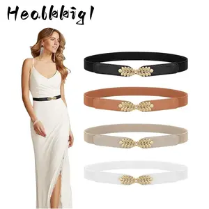 4 Pack Women's Skinny Elastic Waist Belts with Leaf-Shaped Alloy Buckles - Stretchy