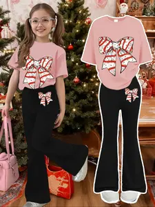 Girls' Fashion New Set, Bow Print T-Shirt & Casual Bell-Bottom Pants, Spring Autumn, Must-Have Clothing, Fashion Clothes Set