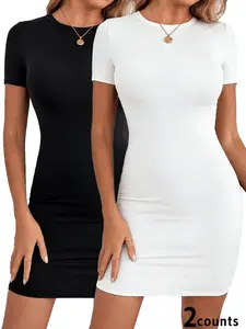 2026 Trending 2-Pack Bodycon Mini Dresses for Women – Y2K Short Sleeve Crew Neck T-Shirt Dress, Basic Chic, Solid Color Design, Summer Club/Party/Date Night Casual Outfit, Black & White, S-XXL Plus Size, Sexy Slim Fit Dress, Womenswear