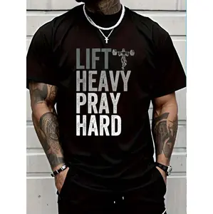Lift Heavy Pray Hard 100% Cotton Christian Faith Gym Jesus T-Shirt For Men Cool Comfy Graphic Tees Ideal for Workouts & Summer