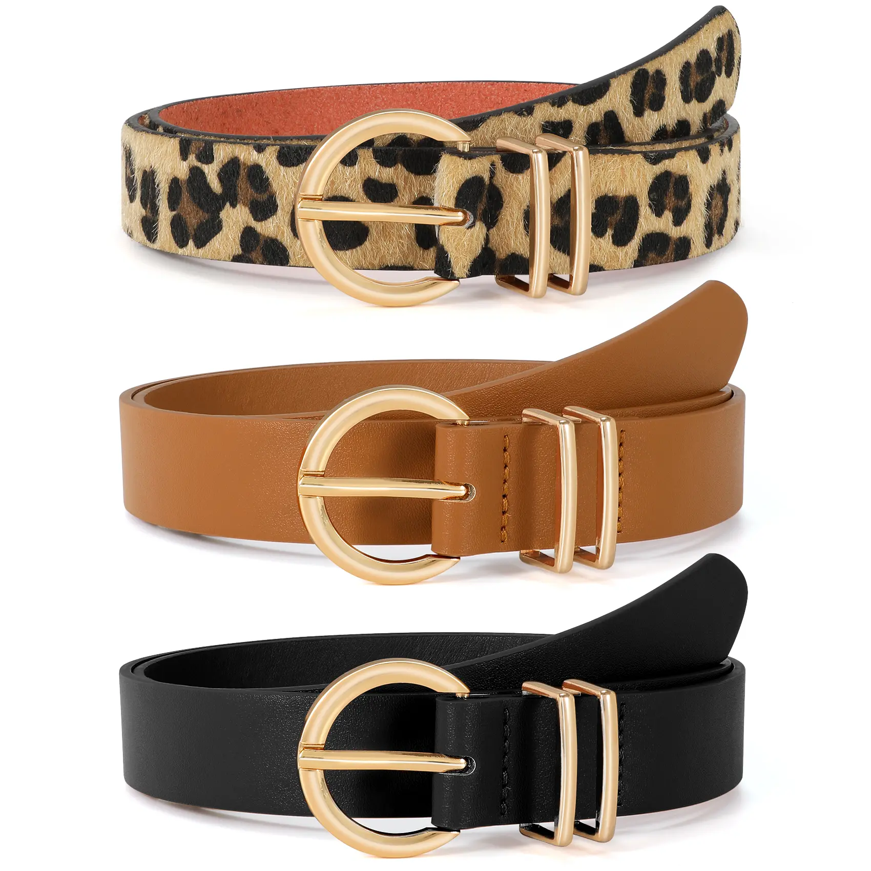 XZQTIVE 3 Pack Women's Leather Belts for Jeans Dresses Ladies Waist Belt with Fashion Golden Buckle
