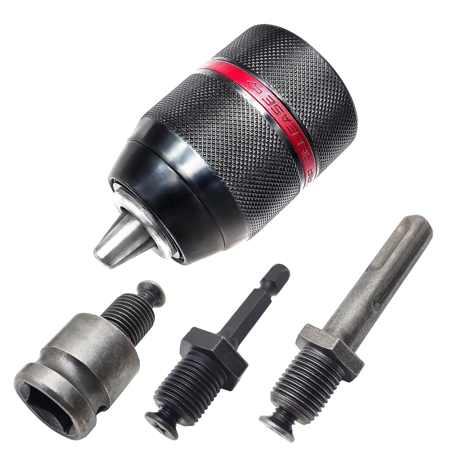 4 Pcs Hand Tools Set,Including 1.5-13mm Keyless Drill Chuck Metal Heavy Duty 1/2''-20UNF with SDS-Plus Shank 1/4" Hex Shank 1/2'' Socket Square Wrench Adapter for Impact Driver,Electric Drill,Hammer Drill