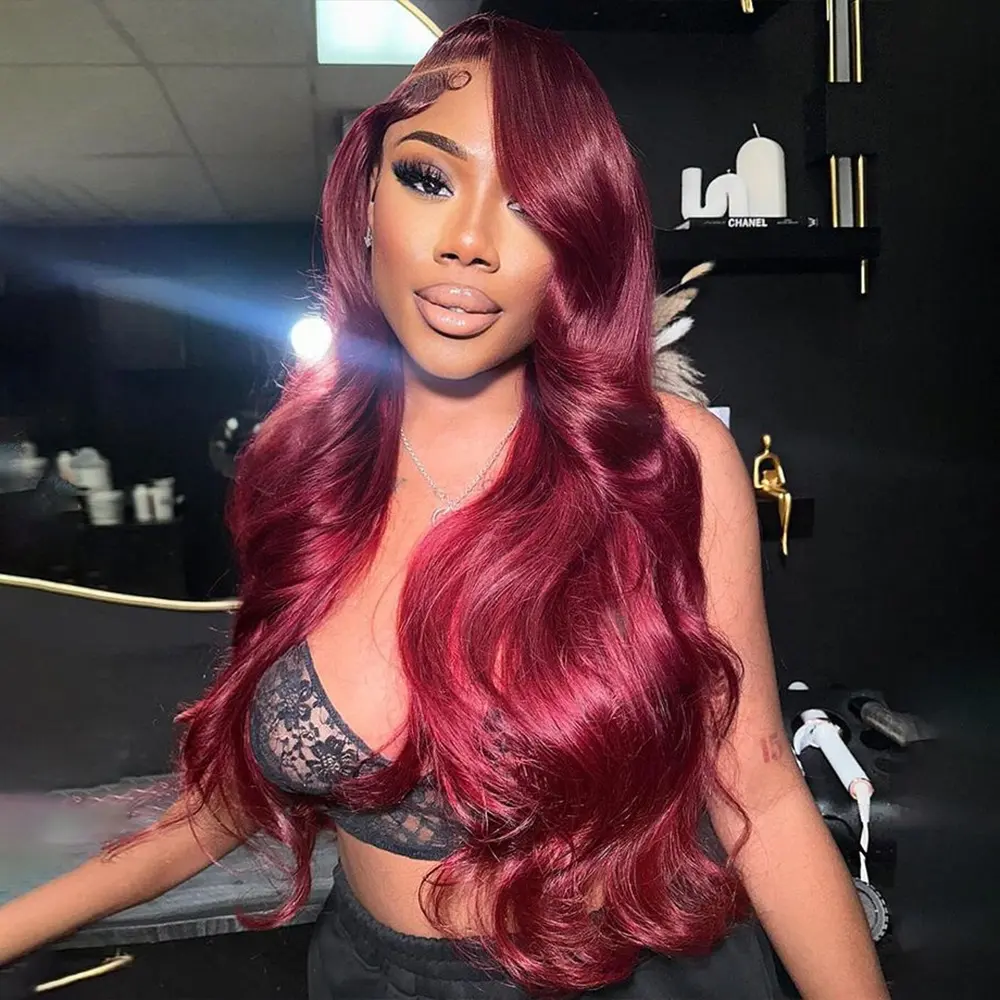 Tuneful 99j Burgundy Lace Front Wigs Human Hair 180 Density 13x6 HD Transparent Lace Body Wave Lace Front Wigs Human Hair Hot Red Pre Plucked Human Hair Wigs for Women SummerVibes