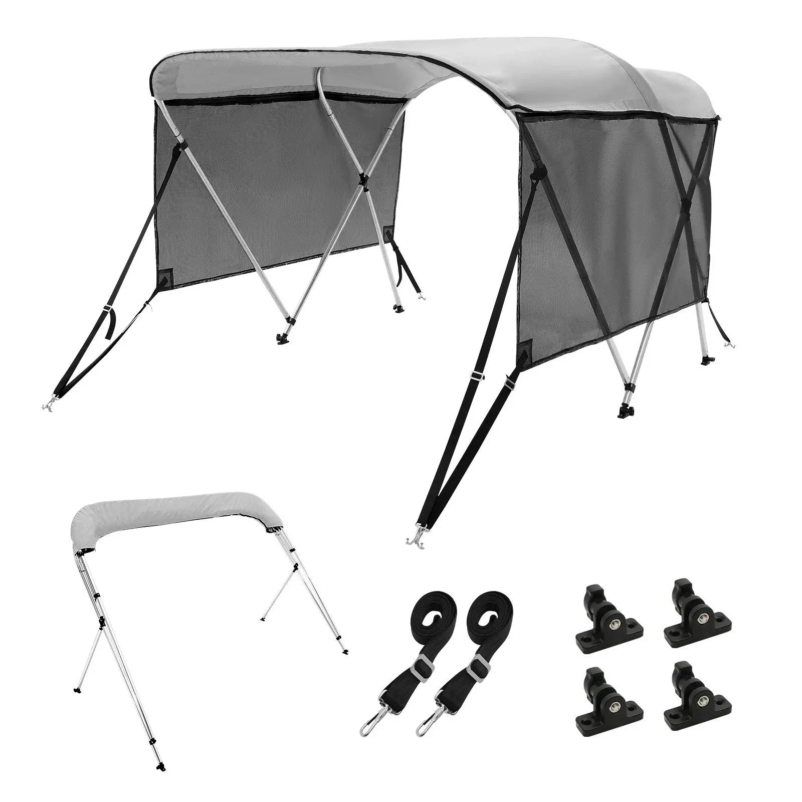 【summerfinds】VEVOR 3-Bow Bimini Top Boat Cover, Boat Accessories, 600D Polyester Canopy, 1"-Aluminum Alloy Frame, Detachable Mesh Sidewalls, 2 Support Poles, 2 Straps, Storage Boot Included, 6'L x 46"H x 67"-72"W Light Grey, Father's Day Gift, Boat Sh