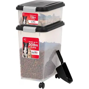 IRIS USA Dog Food Storage Container, 30 lbs & 11 lbs Combo, Cat Food Storage Container, Dog Treat Container, Airtight, Stackable, 2-Cup Scoop, Wheels, Easy Mobility, Black