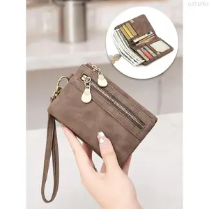 Women's Dual-Fold Short Wallet, Trendy Minimalist Wristlet Purse with Solid Color, Zipper Coin Pocket, Portable Large Capacity, Durable Fashion Handbag for Daily Travel, Shopping, Holiday Gifts for Ladies
