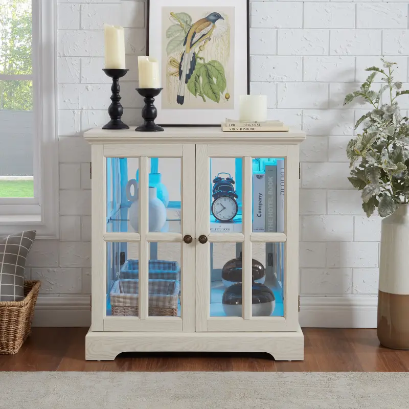 2 Door Curio Display Cabinet with LED Light & Adjustable Shelves, 30" Tableware Display Sideboard w/Mirrored Back Pane, Modern Glass Display Storage Cabinet for Kitchen & Living Room (White)