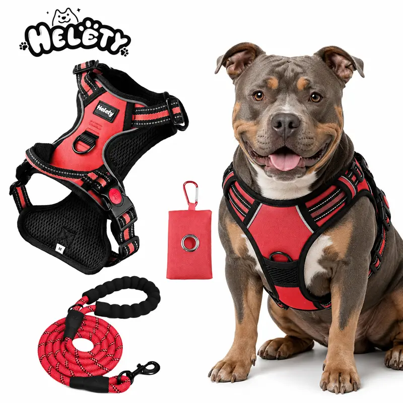 Helety No Pull  Harness for Large  — Heavy-Duty Reflective Vest with Safety Lock, Adjustable Handle, Red 3-in-1 Walk Set safe security outdoor puppy night Tactical   genuine leather dog  personalized escape proof breakaway cat girl easy control joy ride