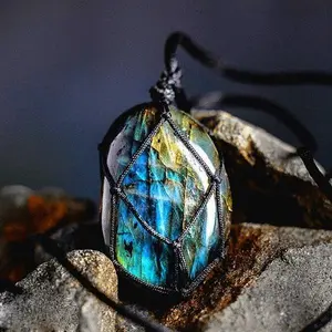 Natural Dragons Heart Labradorite Blue Flash Stone - Wrap Braided Pendant Healing Reiki Amulet Necklace For Men Women