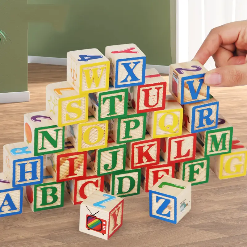 Wooden Alphabet Blocks 1.2 Inch, 27Pcs Building Blocks Including Letters, Numbers and Animals, Montessori Wooden Blocks for Preschool Toddlers