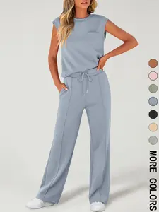 2 Piece Women's Sleeveless Casual Sports Set, Fashionable Wide Leg Athletic, Stylish Sportswear for Comfort, Athleisure Wear Set, Summer Athletic Wear, Summer Activewear, Workout Casual Wear, Athleisure Clothes