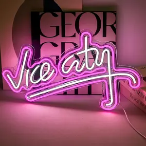 Pink Vice City LED Neon Sign, 18.5x11.4in USB-Powered Low-Voltage Energy-Saving Home Decor Light, Room Decor for Bedroom Game Room, Led Neon Lights for GTA Fans with Miami Vibe, Bedroom Decor Ideas