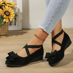 Women Wedge Shoes Suede Bow Elastic Strap Comfortable Spring Fall Casual Footwear Chic Outings