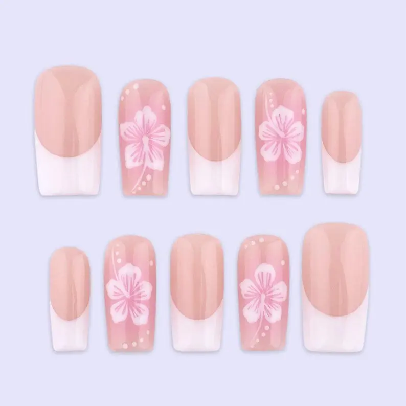 Spring Blush Floral French Press On Nails, Soft Pink Fake Nails in Medium Square, Handmade Nail Art for Everyday Wear or Gift