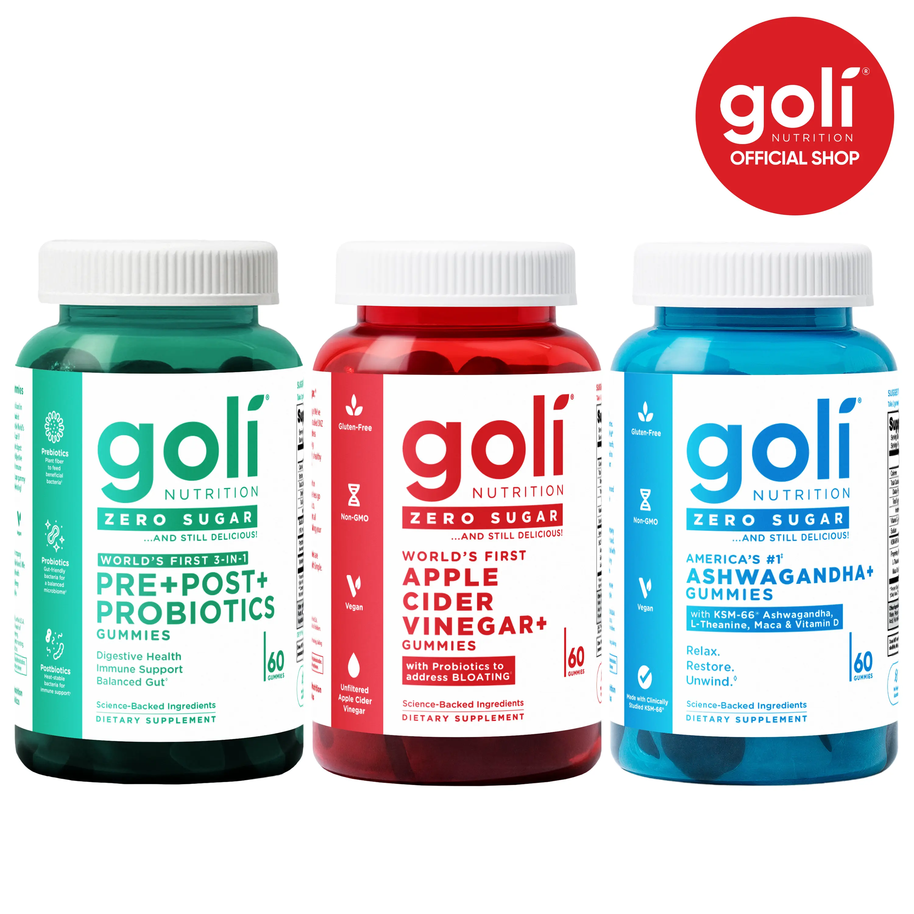 Zero Sugar Best Seller Trio - World's First 3-in-1 Pre, Post, Probiotic, Apple Cider Vinegar with Vitamin B12 and Probiotics To Address Bloating, Ashwagandha & L-Theanine, Vitamin D gummies. Gluten-Free, Vegan, Non-GMO & Gelatin-Free