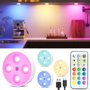 4-Pack Rechargeable RGB Circular Donut-Shaped Kids-Safe Light-Emitting Color-Adjustable Under-Cabinet Lights, 1500mAh, Remote & Motion Sensor, Magnetic Stick-On for Kitchen & Stairs, Circular Under-Cabinet Lights