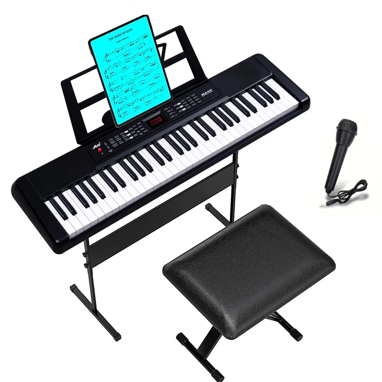 61-Key Portable Digital Piano Keyboard with Mic, Stand, Stool, LCD Display - Easy Navigation, Educational Musical Toy Gift for 6+ Years Beginner Kids