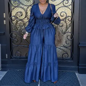 ChicMe Women's 2 Pieces Outfit Valentine's Day V-Neck Lantern Sleeve Multiple Drawstring Front Top and Elastic Waist Wedding Guest Wide Leg Pants Set Casual Ruffle Hem Denim Look Wedding Set