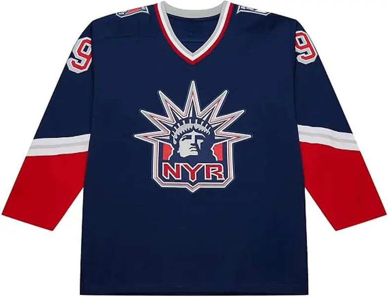 Retro Navy Blue Ice Hockey Jersey Long Sleeve Streetwear Graphic Print Casual Sports Number 99 Statue Crest V-Neck Oversized Sweater Men Women Activewear Unisex Breathable Game Day Uniform