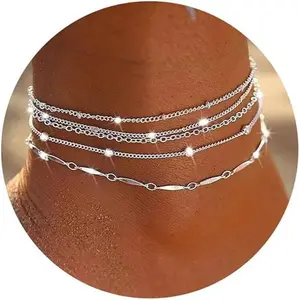 Foxgirl Waterproof Anklets 5Pcs Layered Chain Anklets Set Pack Summer Beach Anklets for Women Jewelry