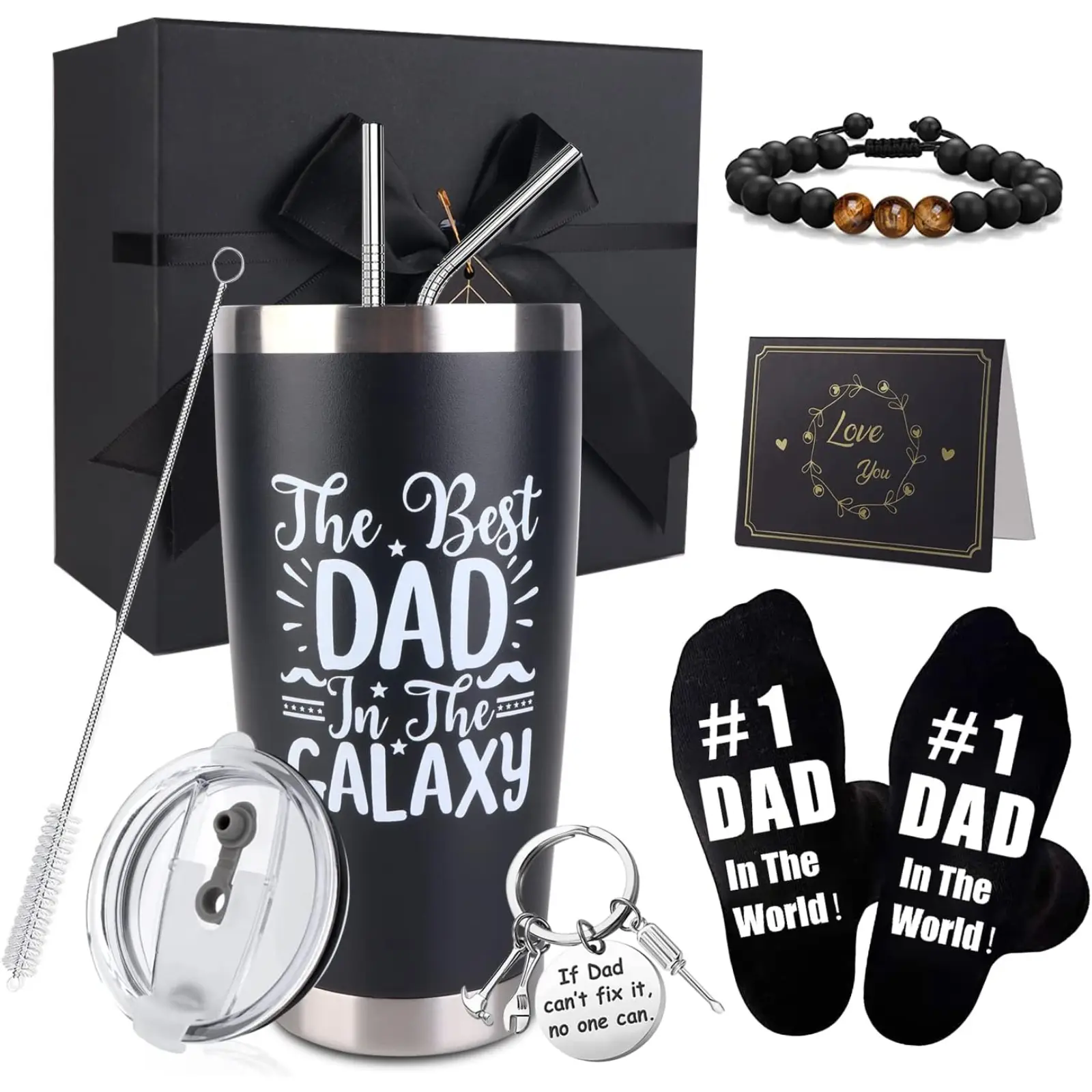 Father's Day Gift Set for Dad 8PCS Best Dad Ever Gift Box with 20oz Tumbler Socks Bracelet Keychain Birthday Christmas Gift from Daughter Son Kid
