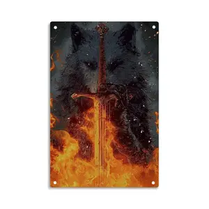 Fiery Wolf with Sword Metal Tin Sign， Vintage Dark Fantasy Wolf Holding Sword Metal Sign Print Aesthetic Room Decoration for Home Bedroom Kitchen Bar Dorm Bathroom Wall Decor 8 X 12 Inch