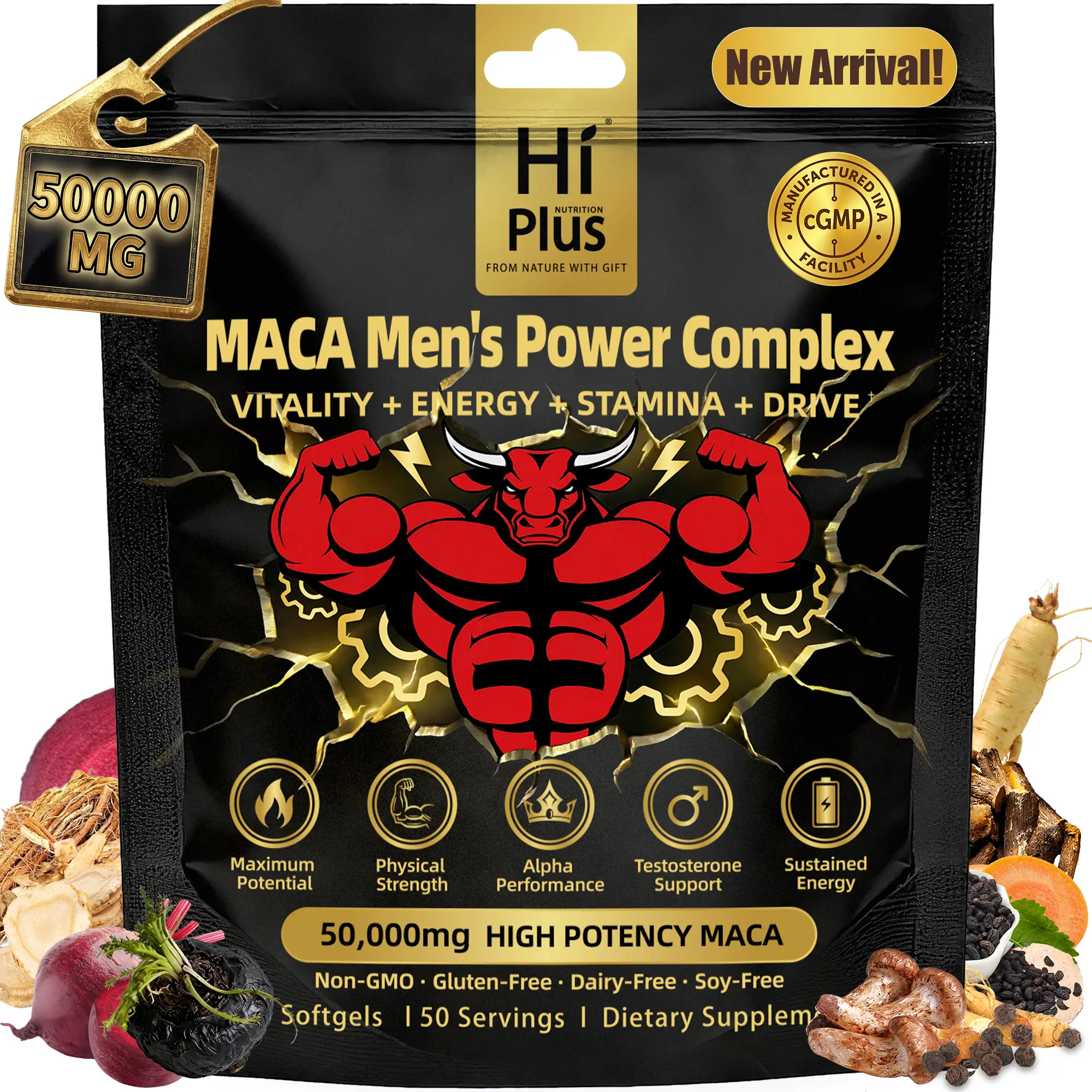 HiPlus Maca Capsules - 150 Softgels with Ashwagandha, Panax Ginseng&shilajit