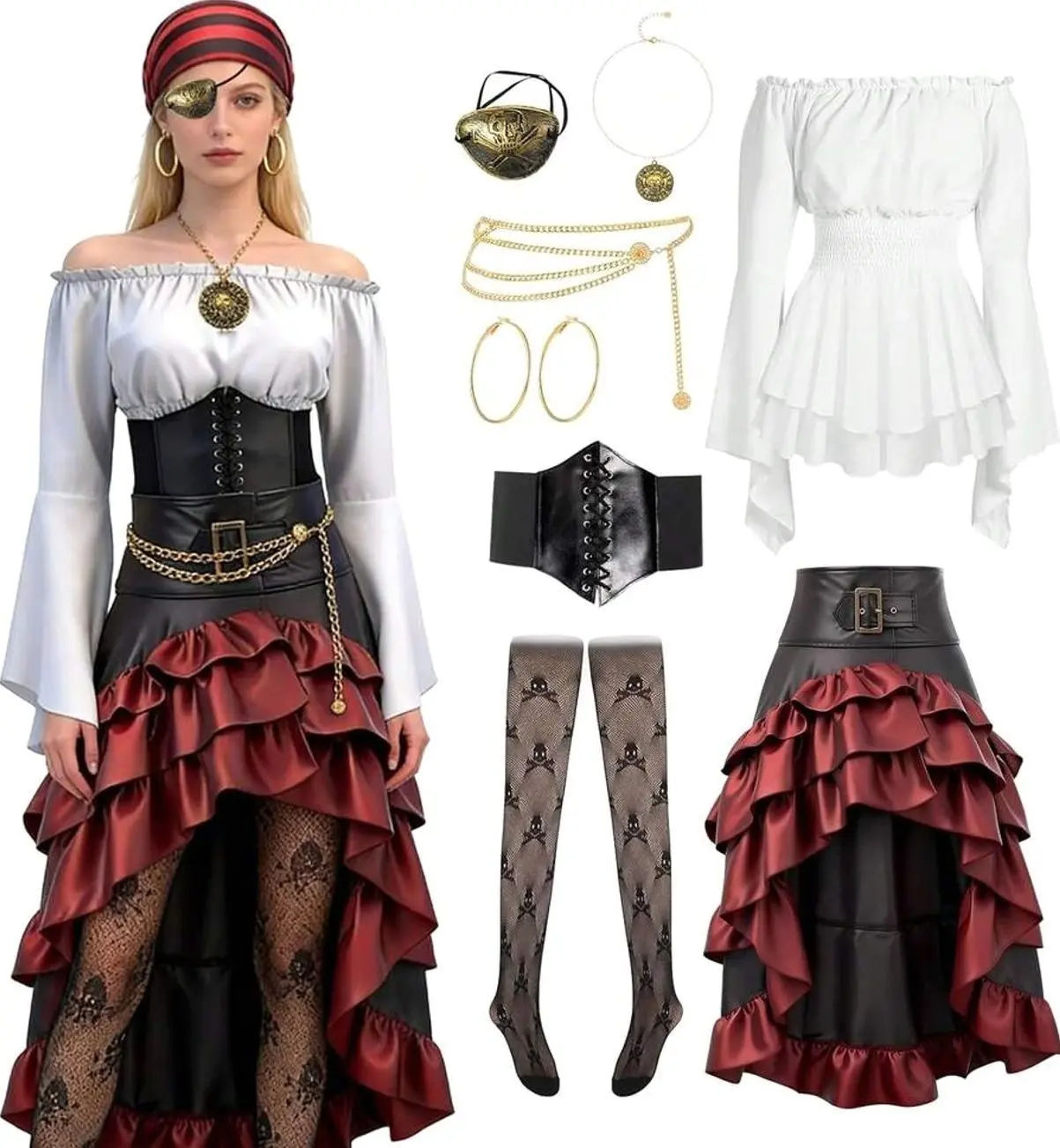 Women's Pirate Costume Featuring A Renaissance-Style Pirate Shirt, Skirt, Corset, And Waist Belt-Halloween Accessories.