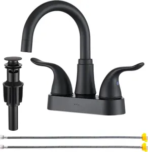 Bathroom Sink Faucet 2 or 3 Hole Matte Black Centerset 4 Inch Bathroom Sink Faucet 2 Handle Plating Over ABS Plastic Non-Metallic Lavatory Bathroom Faucet with Pop up Drain Water Supply Hoses