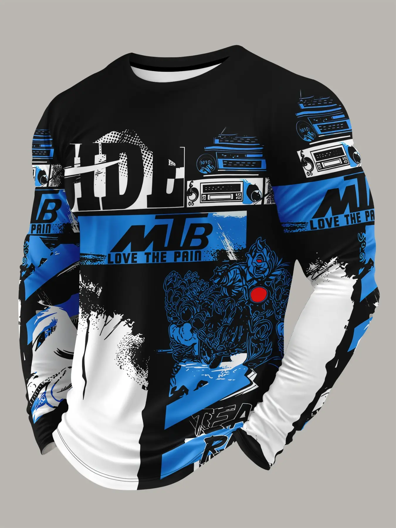 Men's MTB Mountain Bike Riding Shirt, Quick-Dry Breathable Long Sleeve T-Shirt, Trendy Motorcycle Style Print Outdoor Sports Top, Spring & Fall, Cycling Shirt