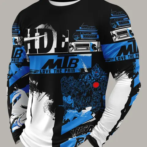 Men's MTB Mountain Bike Riding Shirt, Quick-Dry Breathable Long Sleeve T-Shirt, Trendy Motorcycle Style Print Sport Top, Spring & Fall, Cycling Apparel