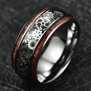 Steampunk Men's Ring - Durable Ring with Rotating Gears and Wood Grain - Bold Punk Design, Makes a Memorable Anniversary Jewelry Gift